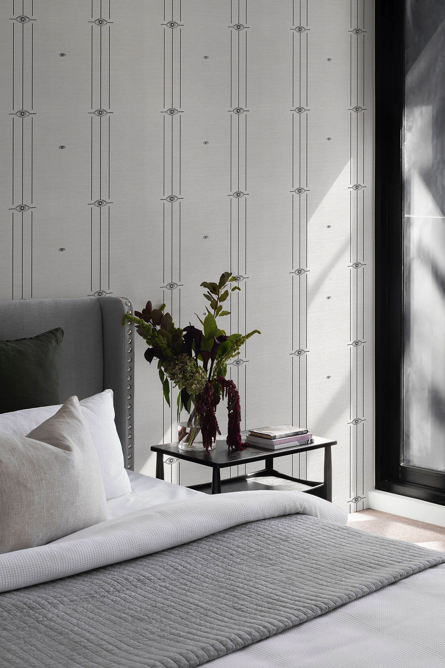 Wallpaper-Occhi-Ecru-cotone-MaVoix-essential-apartment-in-Paris-master-bedroom-wall-covering-Collection-Essenziali