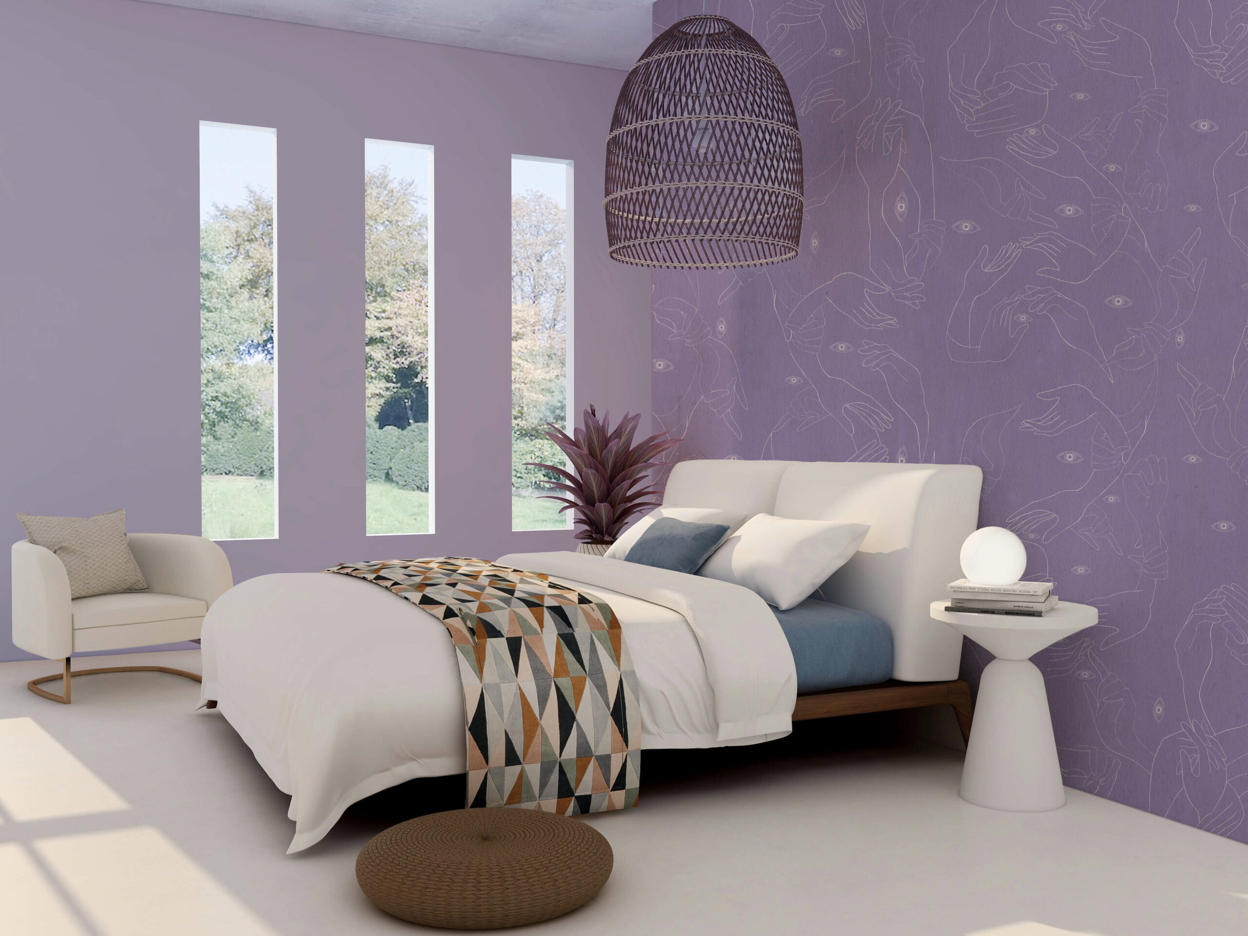 Carta-da-parati-Uno-Nessuno-Lavanda-digitale-MaVoix-essential-line-master-bedroom-interior-design